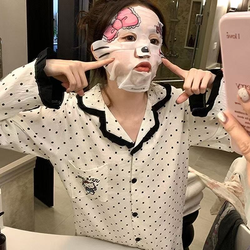 Nuevo pijama de gatito de lunares dulces para mujer primavera y otoño lindo traje de manga larga de encaje para niña