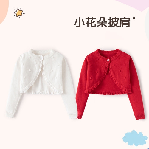 Knitted small floral pure cotton girl's cardigan cape spring girl's coat cardigan thin A-class girl baby air conditioning shirt
