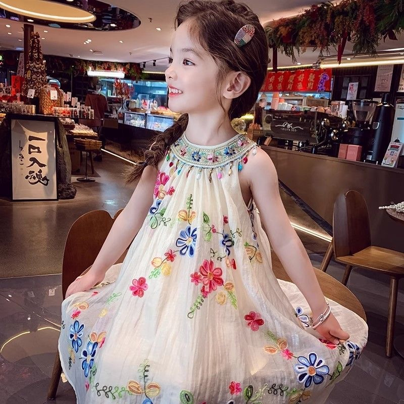 Girls Dress Cute Tank Top 2025 Summer New Style Fashionable Sleeveless Ethnic Style Flower Thin Skirt