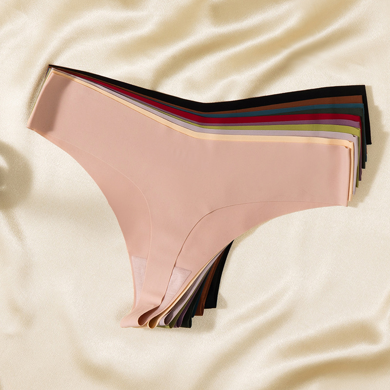 Solid color ice silk seamless thong V cut fashion underwear women's plus size pants soft comfortable sexy T pants hot sale