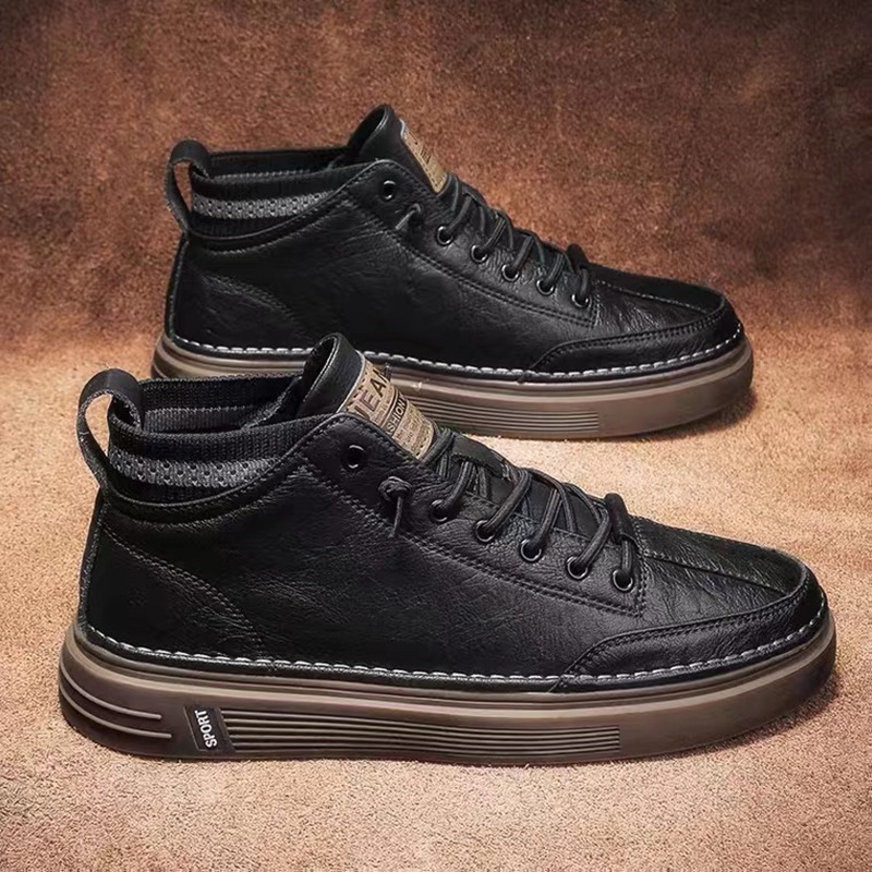 Men's Autumn and Winter Sneakers High-top Leather Shoes Black All-match Casual Men's Shoes Explosive Warm Heightened Lace-up Boots