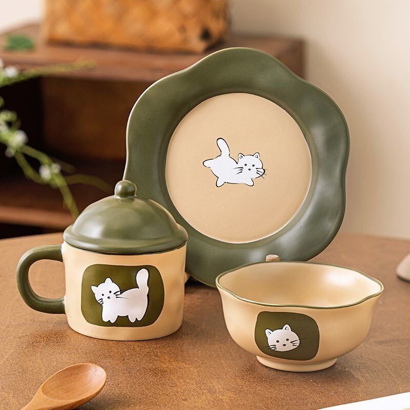 Cute Cat-Themed Exquisite Tableware Set, Ceramic Three-Piece Plate Set for One Person, Ceremonial Dining Set