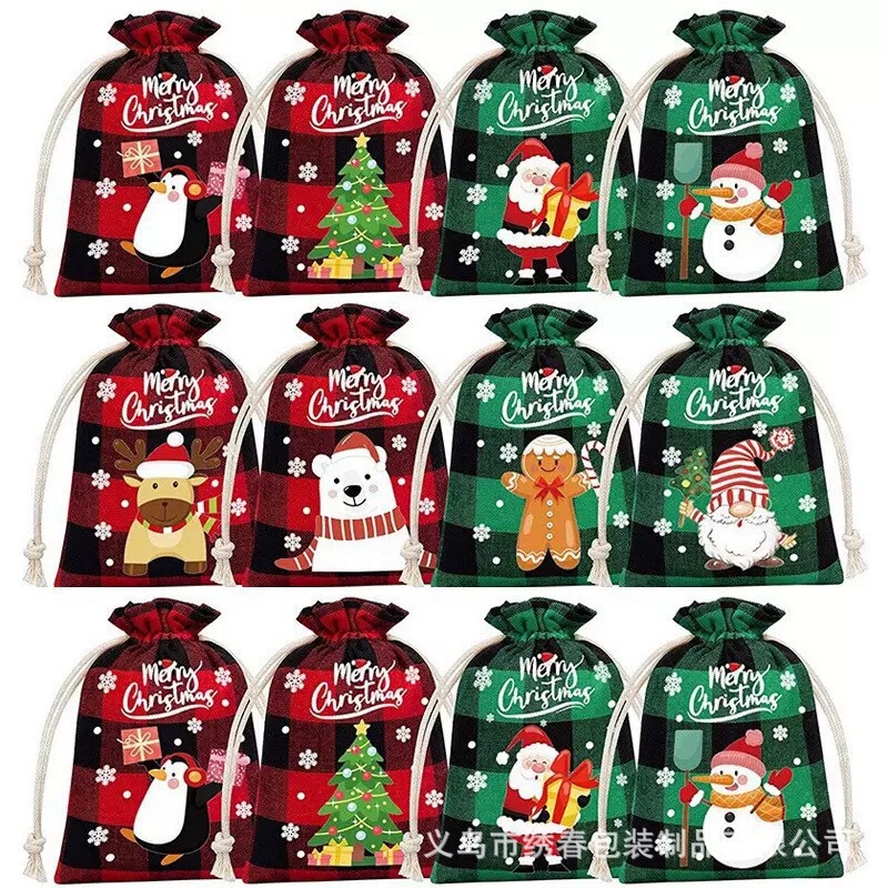 2025 ホットセールクリスマスチェック柄コットンギフトバッグホリデーパーティー子供用キャンディ巾着装飾収納ペンダントバッグ|undefined