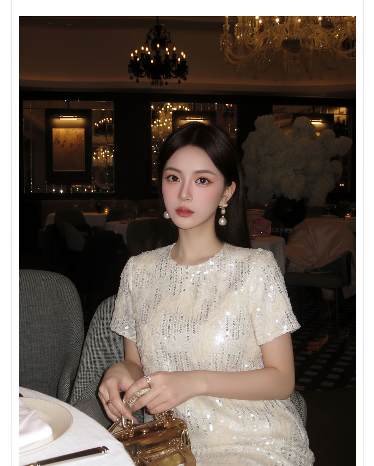 Áo sơ mi nữ dài tay phong cách Trung Hoa đính sequin cao cấp xuân hè — Áo sơ mi màu mơ, Váy nửa màu hạnh nhân chi tiết 2