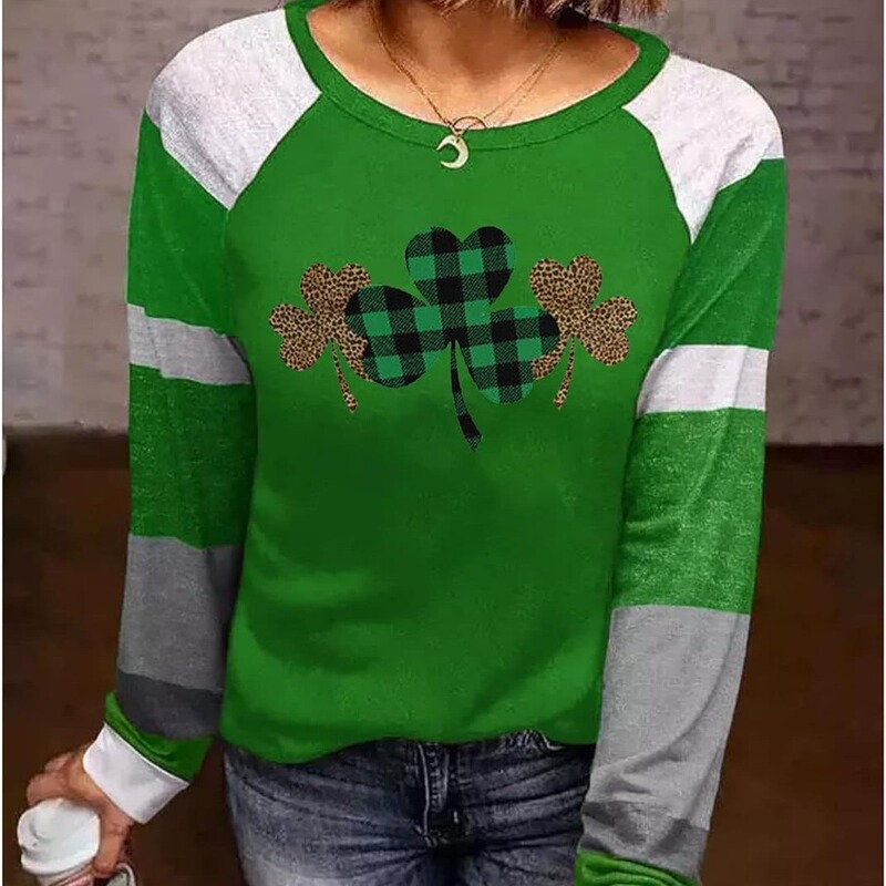 St. Patrick's Day Shirt Women's Fun Plaid Leopard Clover Pattern T-Shirt Vintage Color Splicing