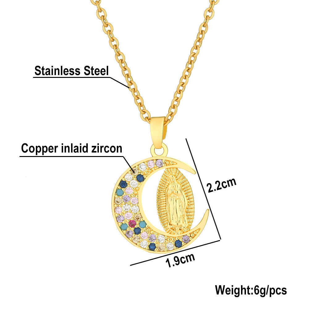 Copper Retro Inlaid Zircon Human Moon Necklace display picture 1