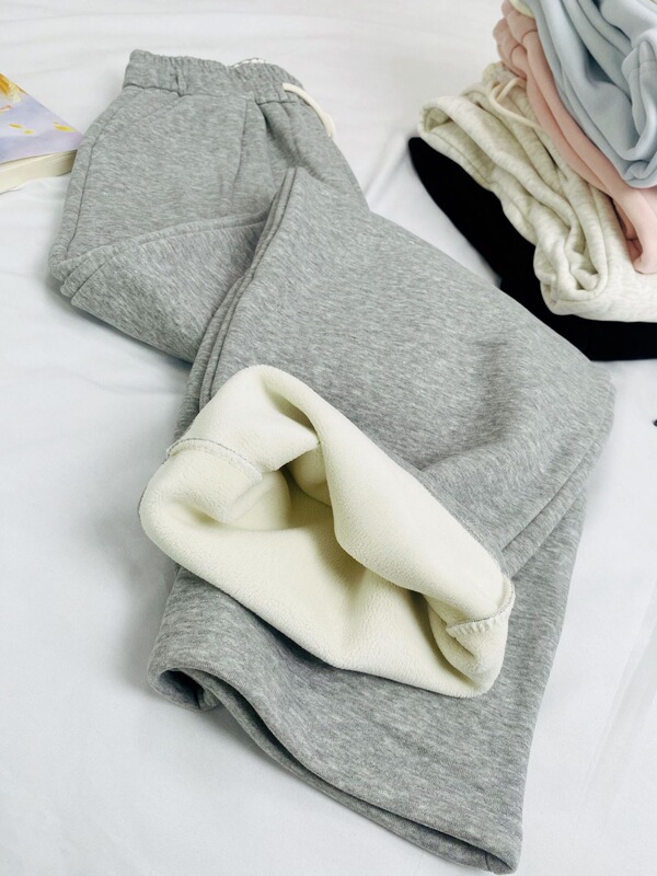 韩版加绒加厚直筒阔腿裤女马卡龙色休闲宽松运动裤百搭棉质长裤子|undefined