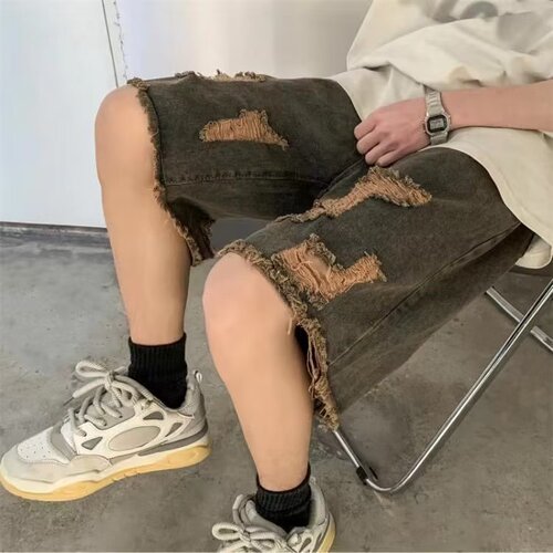 American retro ripped jeans shorts, men's summer thin style, loose niche design, quarter pants, high street fashion brand