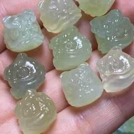 天然岫玉青提奶盖果冻体醒狮雕刻件DIY配饰配件提溜手串隔珠编绳