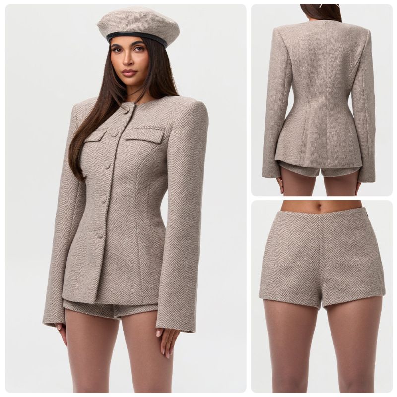 2026 European and American Cross-Border New Style Light Gray Herringbone Single-Breasted Pocket Blazer + High-Waisted Shorts Two-Piece Set 2026 European and American Cross-Border New Style Light Gray Herringbone Single-Breasted Pocket Blazer + High-Waisted Shorts Two-Piece Set