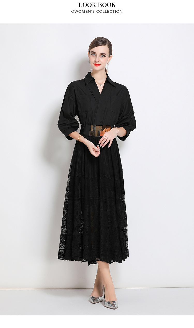 Elegant V-Neck Floral Lace Trim Midi Dress With Flared Hem - A-Line Princess Style For Women Lightweight_ecoleips.com