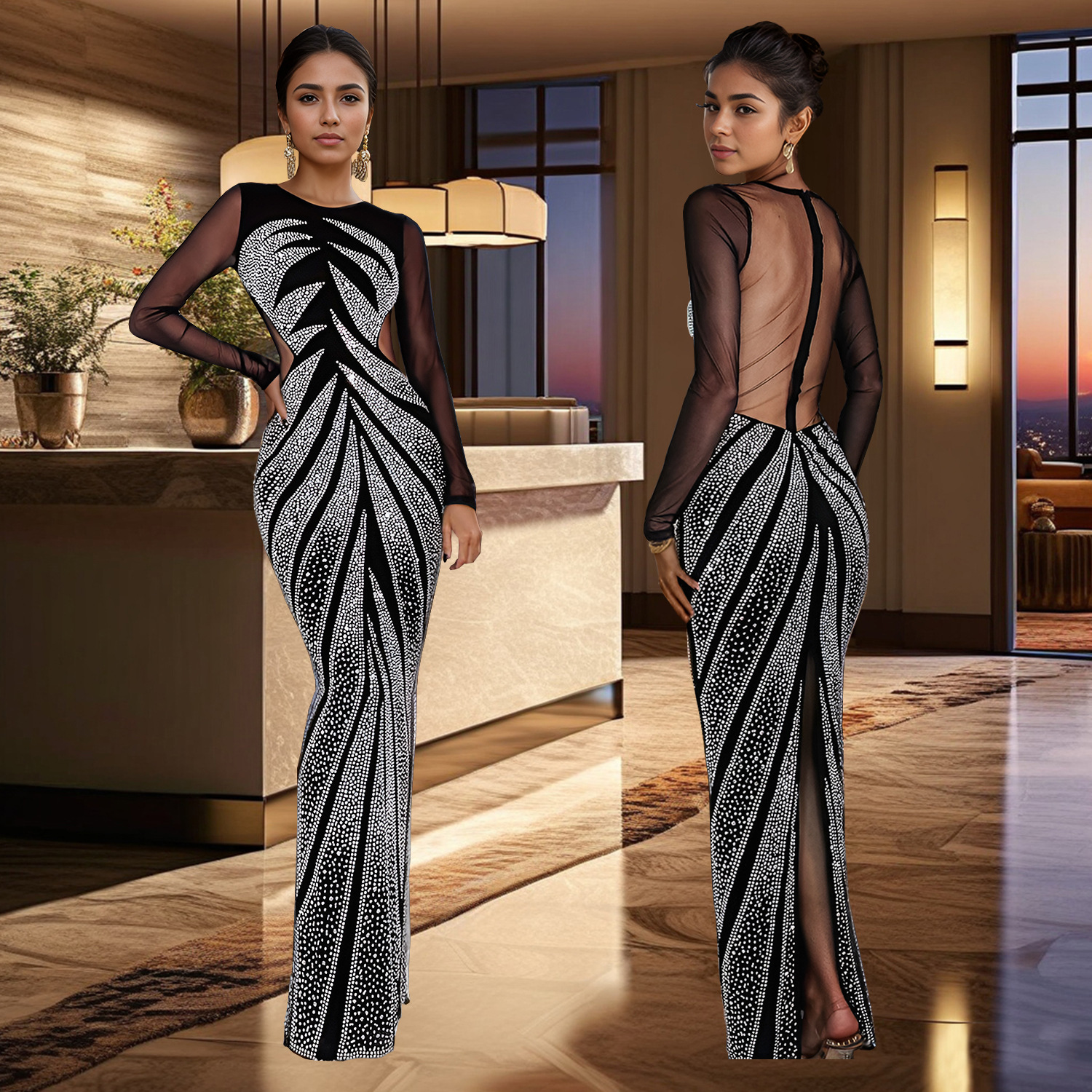 C7150 Aliexpress transfronterizo amazon ropa de moda europea y americana de mujer caliente diamante de manga larga sexy apretado vestido de cadera image 1