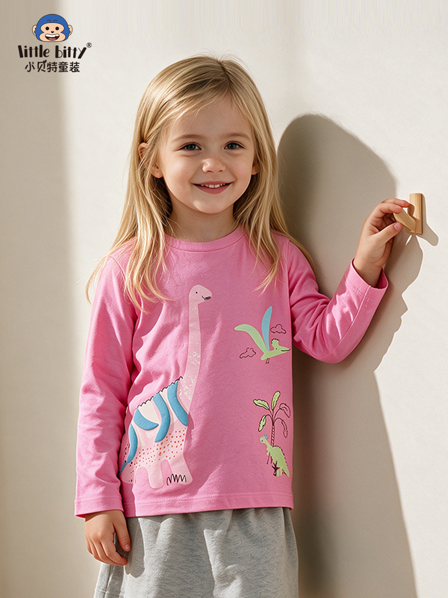 Sweet and cute 2026 children's round neck long sleeve T-shirt with cartoon dinosaur print, autumn girls' base shirt top