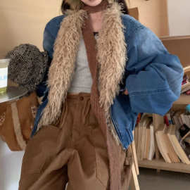 欧货很秀美式街头设计感牛仔拼接羊羔绒棉服外套女25秋冬宽松棉衣