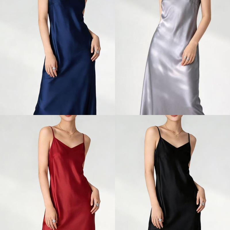 High-End Waist-Cinching Silk Slip Dress 2026 Elegant V-Neck Mulberry Silk Solid Color Mid-Length Dress Satin Slimming Base Dress High-End Waist-Cinching Silk Slip Dress 2026 Elegant V-Neck Mulberry Silk Solid Color Mid-Length Dress Satin Slimming Base Dress