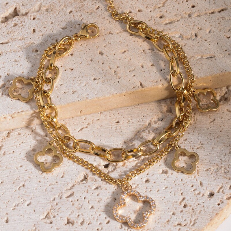 Elegant Classic Hollow Full Diamond Four-Leaf Clover Non-Fading Titanium Steel Bracelet for Women Light Luxury Fashion Double-Layer Versatile Lucky Clover