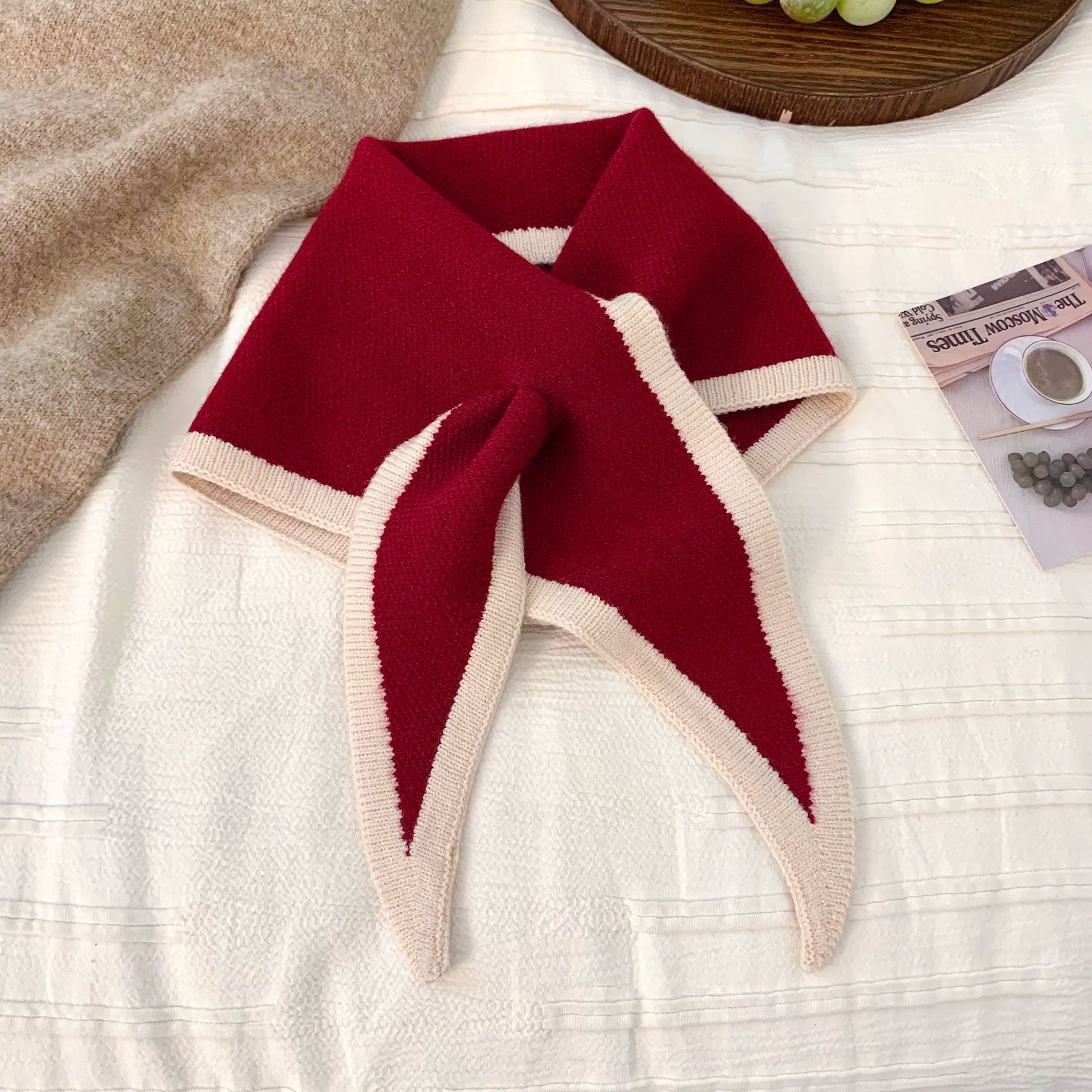 Bufanda pequeña de lana de punto – estilo coreano, cuello dulce cruzado, cálida, otoño e invierno