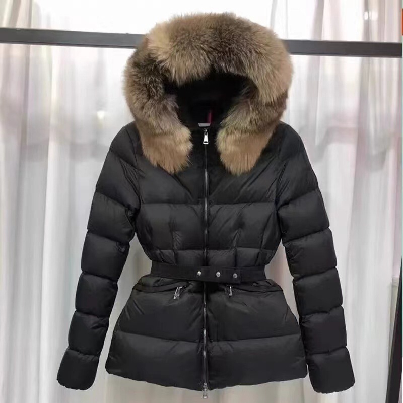New National Standard 90% White Duck down Short down Jacket for Women, Waist-Cinching Coat with Large Fox Fur Collar, Hooded, Slimming, Pinghu Black