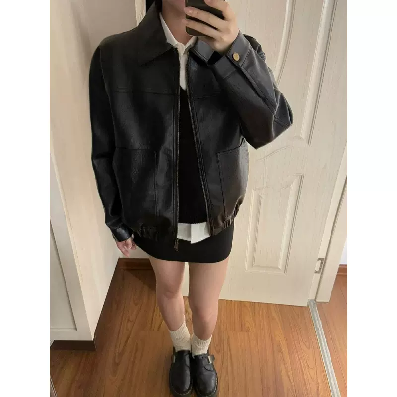 黑色皮衣女秋外套2025秋季新款酷飒风复古小个子春秋季pu皮夹克
