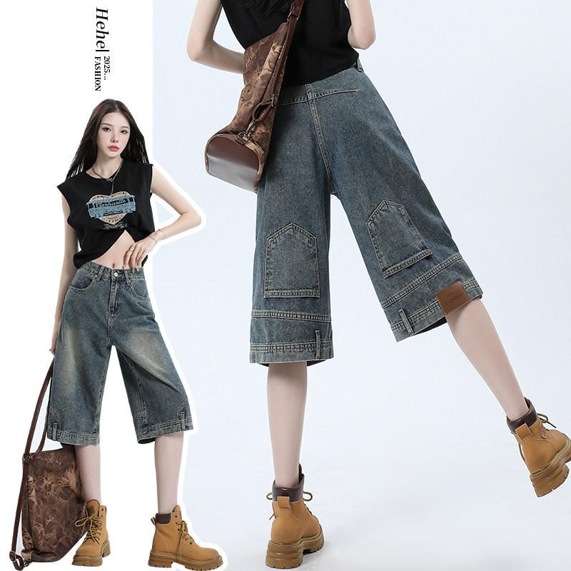 American Retro Style High-Waisted Denim Shorts for Women, Summer Thin Loose-Fitting Six-Point Wide-Leg Straight Over-The-Knee Pants