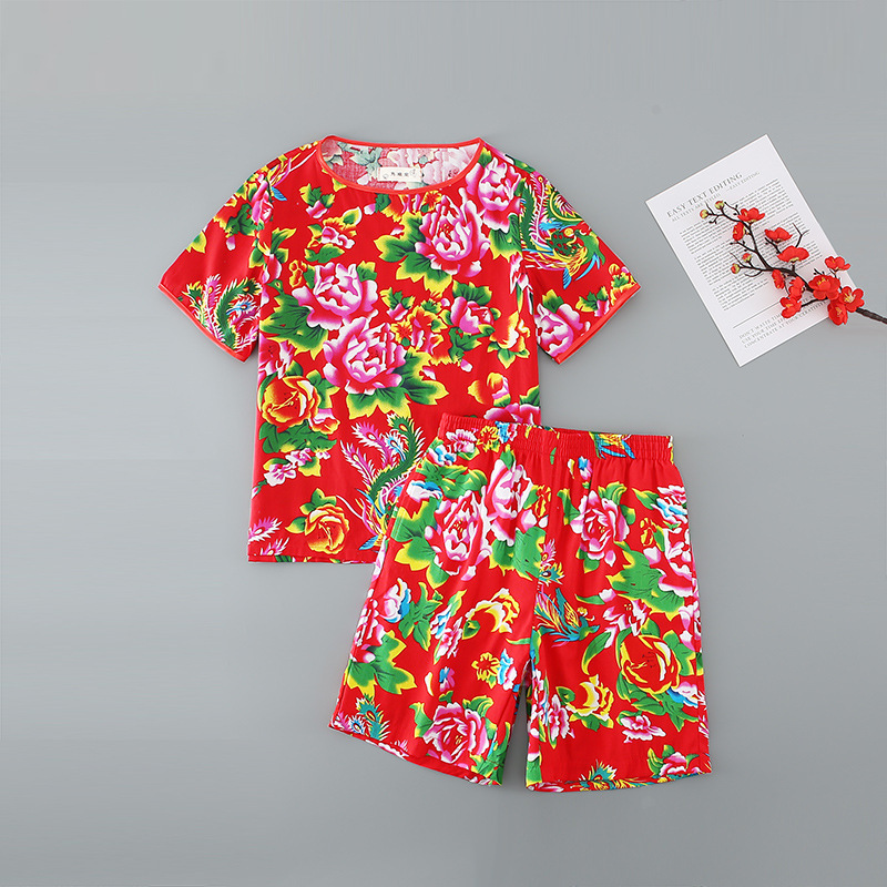 Northeast Big Flower Cloth Fashion Thin Women's T-shirt Shorts Set Summer Sports Loose Short-sleeved Top Casual Trendy Pants