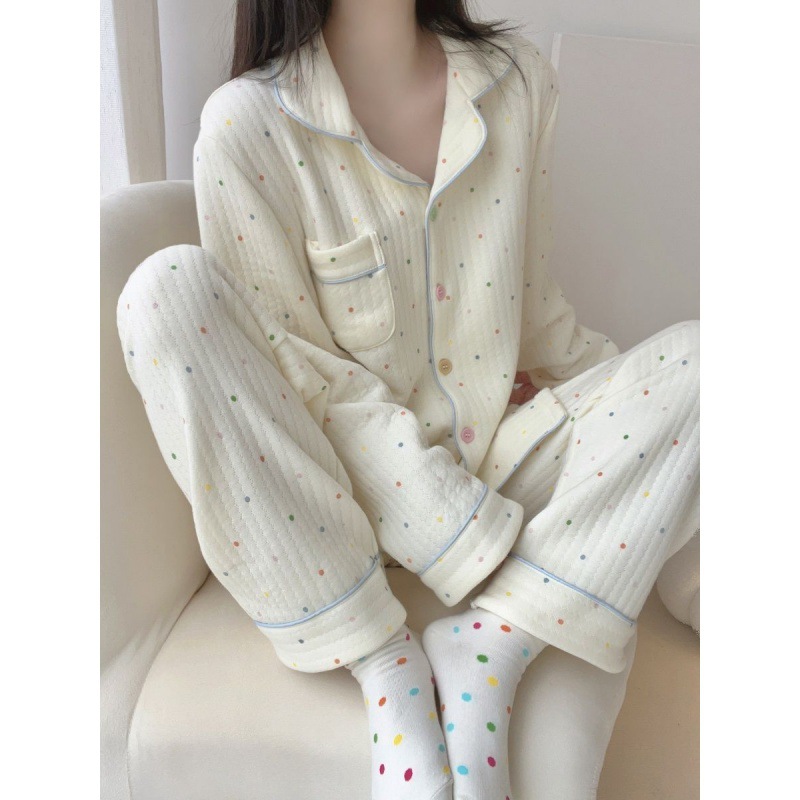 간단한 따뜻한 두꺼운 긴 소매 공기 면 샌드위치 파자마 여성의 가을과 겨울 카디건은 외부 홈 옷을 입을 수 세트