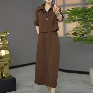 季轻奢时尚休闲套装女秋穿搭妈妈装连衣裙时尚一整套两件洋气卫衣