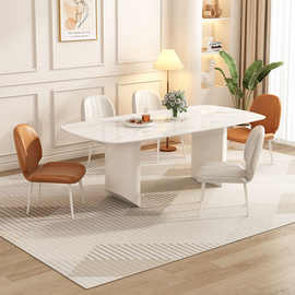 岩板餐桌椅组合奶油风意式极简约椭圆形家用小户型一桌六椅餐桌