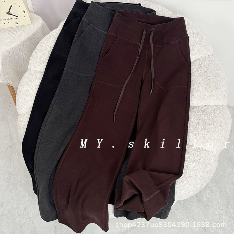 Throwbac Women's High-Waisted Yoga Sports Pants, Casual and Versatile, Thickened Wool Straight-Leg Wide-Leg Pants for Autumn and Winter