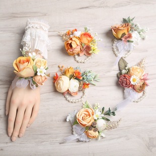 Orange Mori New Simulation Wrist Flower Bridegroom Wedding Ceremony Corsage Best Man Flower Bridesmaid Wrist Flower Wholesale