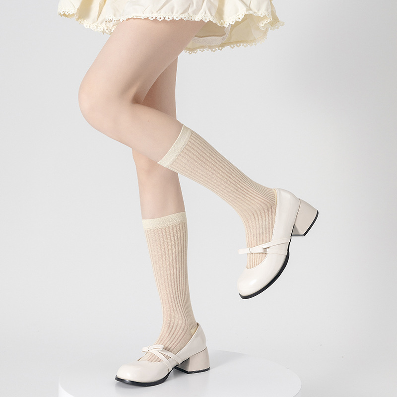 Zapatos y calcetines de ballet estilo Miu de algodón, calcetines finos de primavera y verano con rayas verticales que estilizan, calcetines largos de color puro estilo japonés para niñas.
