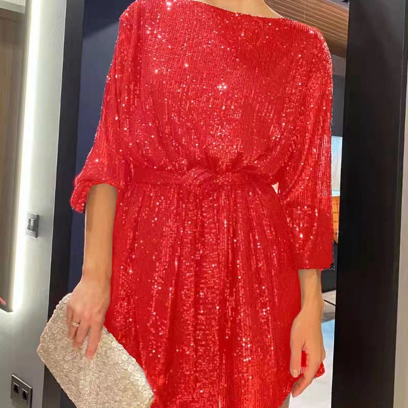 Sparkling Sequin Party Dress With Off-Shoulder Neckline And Flutter Sleeves, Elegant Midi Length Formal Gown_ecoleips.com