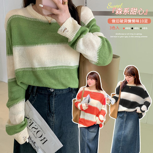 Retro Stripesd Round Neck Pullover Sweater for Women Autum New Fat mm Ripped Lazy Blouse Top 120074