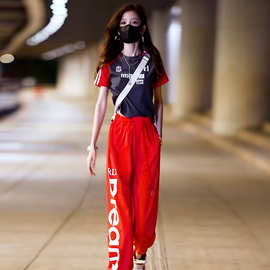 潮牌时尚网红洋气运动服休闲套装女2025夏季短袖宽松束脚裤两件套