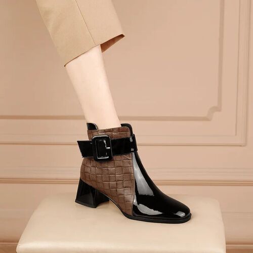 Autumn/Winter Trendy Square Toe Thick Heel Elevated High Heel British Style Fleece Lined Short Boots Women's Winter High Heels