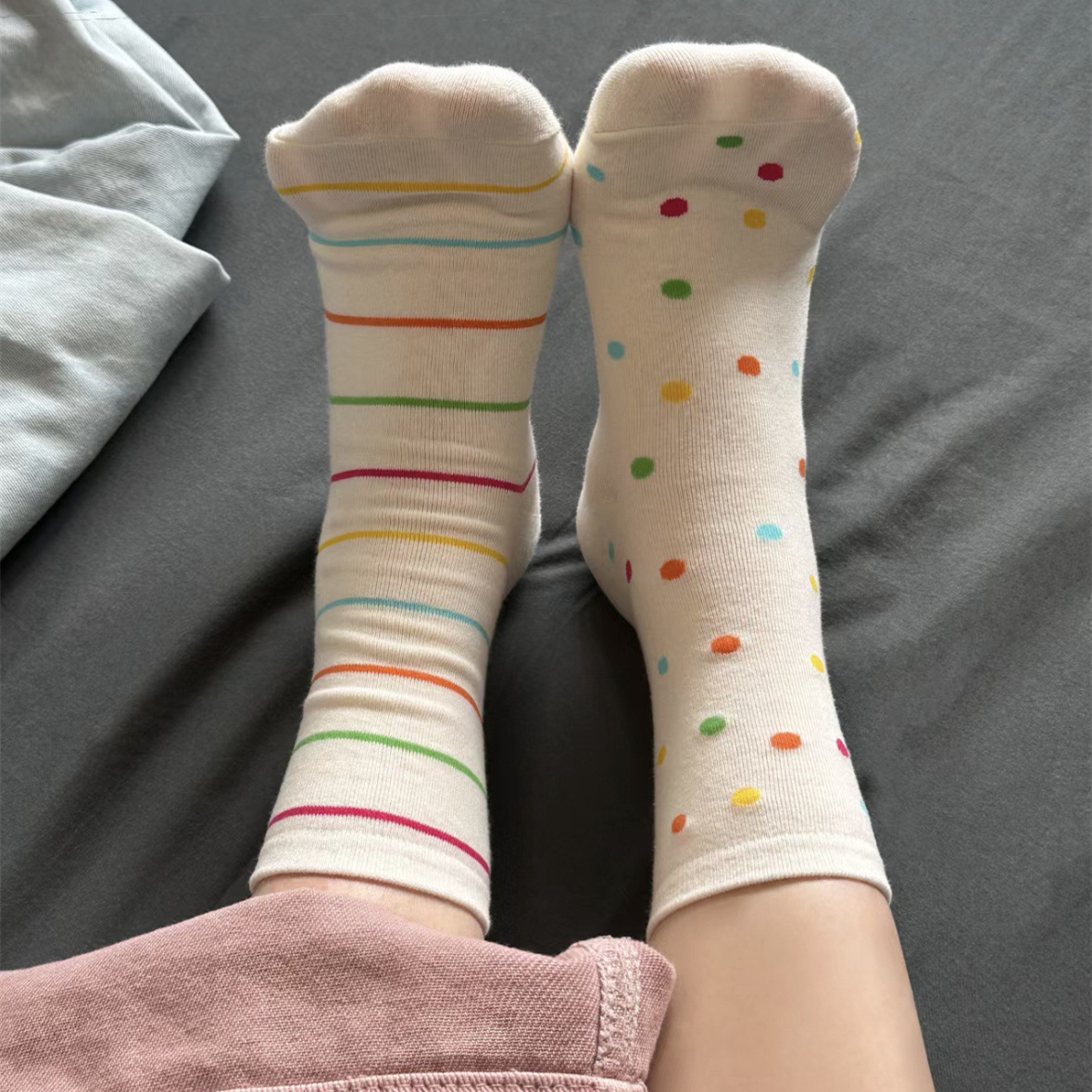 彩色點點條紋襪 韓版簡約時尚波點中筒襪日系百搭學院風襪子女ins