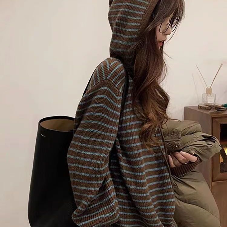 Autumn wear matching 2023 new contrast color striped hooded loose lazy pullover sweater women's high-grade dopamine Autumn wear matching 2023 new contrast color striped hooded loose lazy pullover sweater women's high-grade dopamine