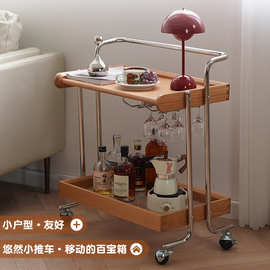北欧中古实木小推车复古小茶几客厅家用边几小餐车可移动收纳架
