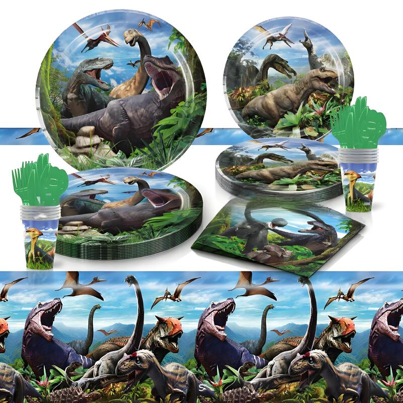 Cross-Border In-Stock Dinosaur Party Tableware Disposable Paper Plates Children's Birthday Decoration Jurassic Theme Party Supplies