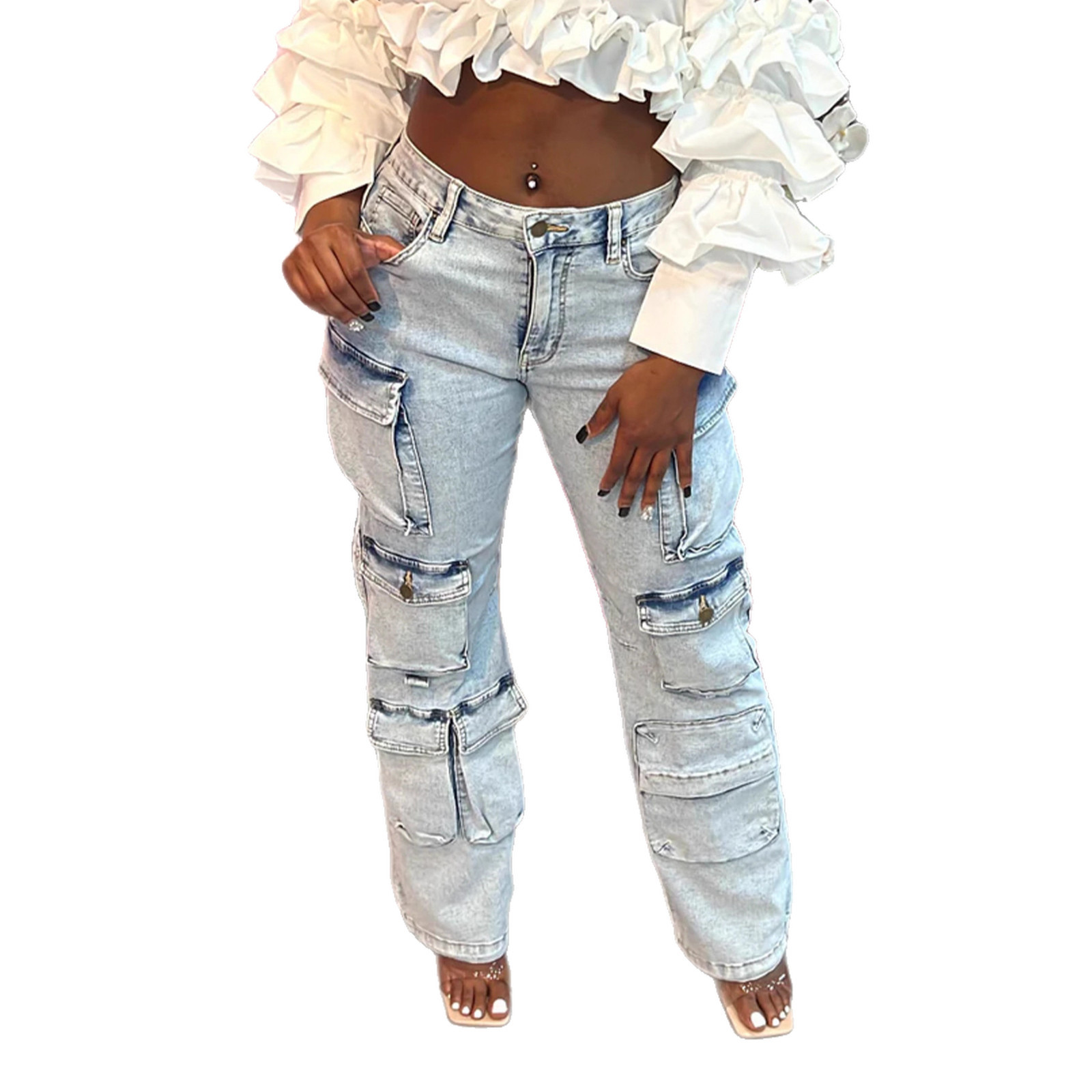 Women’s High-Waisted Distressed Cargo Jeans – Stretch Denim Pants With Utility Pockets (S-XL, Light Blue)_mkmklike.com