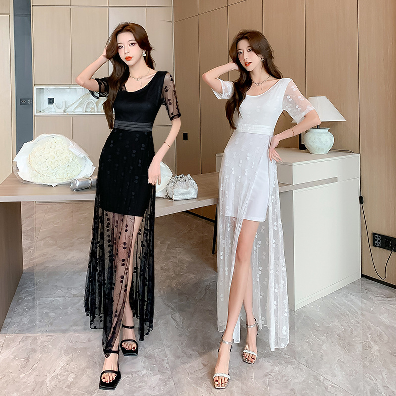 Summer New Internet Celebrity Hot Style Slim-fit Belly-covering Slimming Irregular Fake Two-piece Dress Foot Therapy Bath Technician Dress