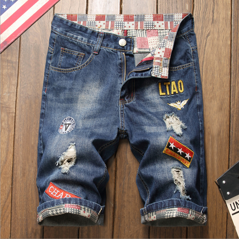 Pantaloncini in denim da uomo con fori strappati, 5/4 p, vestibilità slim oversize versatile da uomo alla moda, pantaloncini in denim 5/5, mendicanti_voghion.com