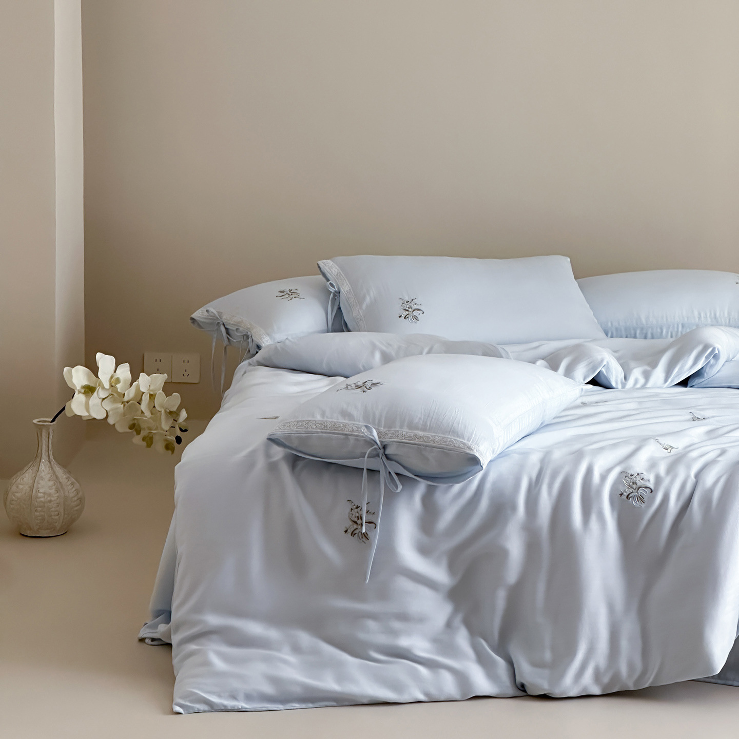 Summer Cool Ice Silk Quilt Cover French-style Sand-washed Tencel Embroidered Four-piece Set, Summer Ice Silk Cool Duvet Cover And Bed Sheet, Home_voghion.com