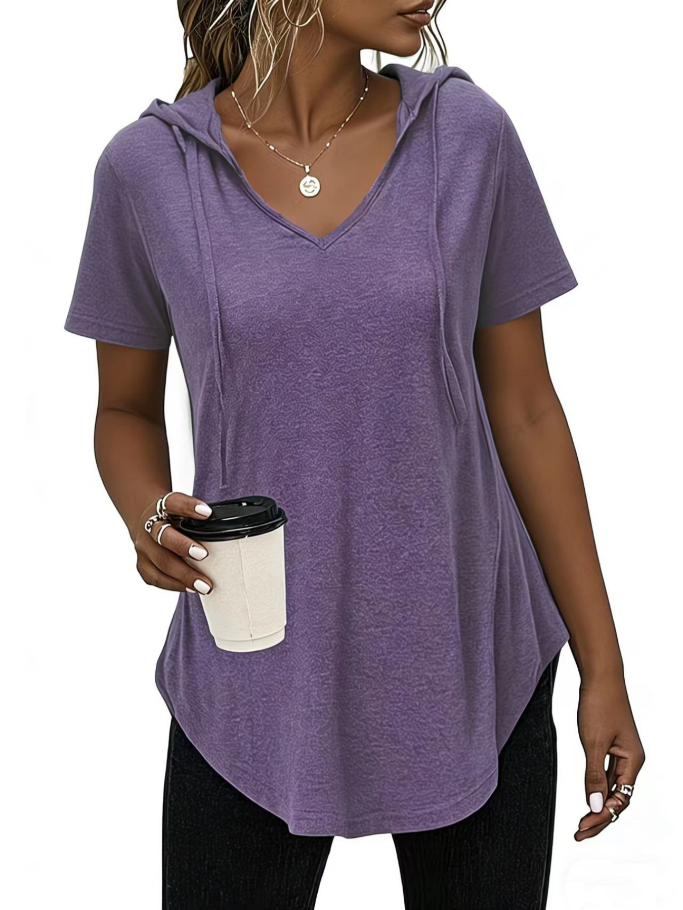 2026 Spring And Summer European And American Maternity Wear New Foreign Trade Fashion Break V-neck Hooded Women's Top T-shirt_ecoleips.com