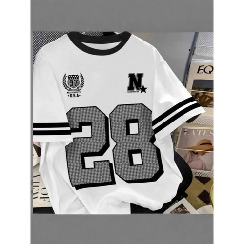 2025 American High Street Leisure Sports Baseball Collar Contrast-Color Short-Sleeves Long Sleeves Women's Summer Loose Print Half Sleeves
