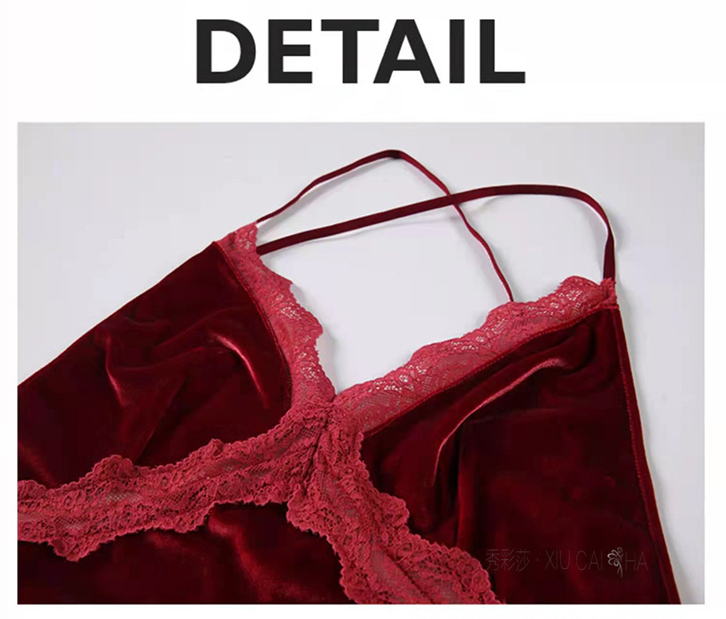 Lace Gold Velvet Babydoll Lingerie Set with Thong, Open-Bust Style, One Size — detail image 25