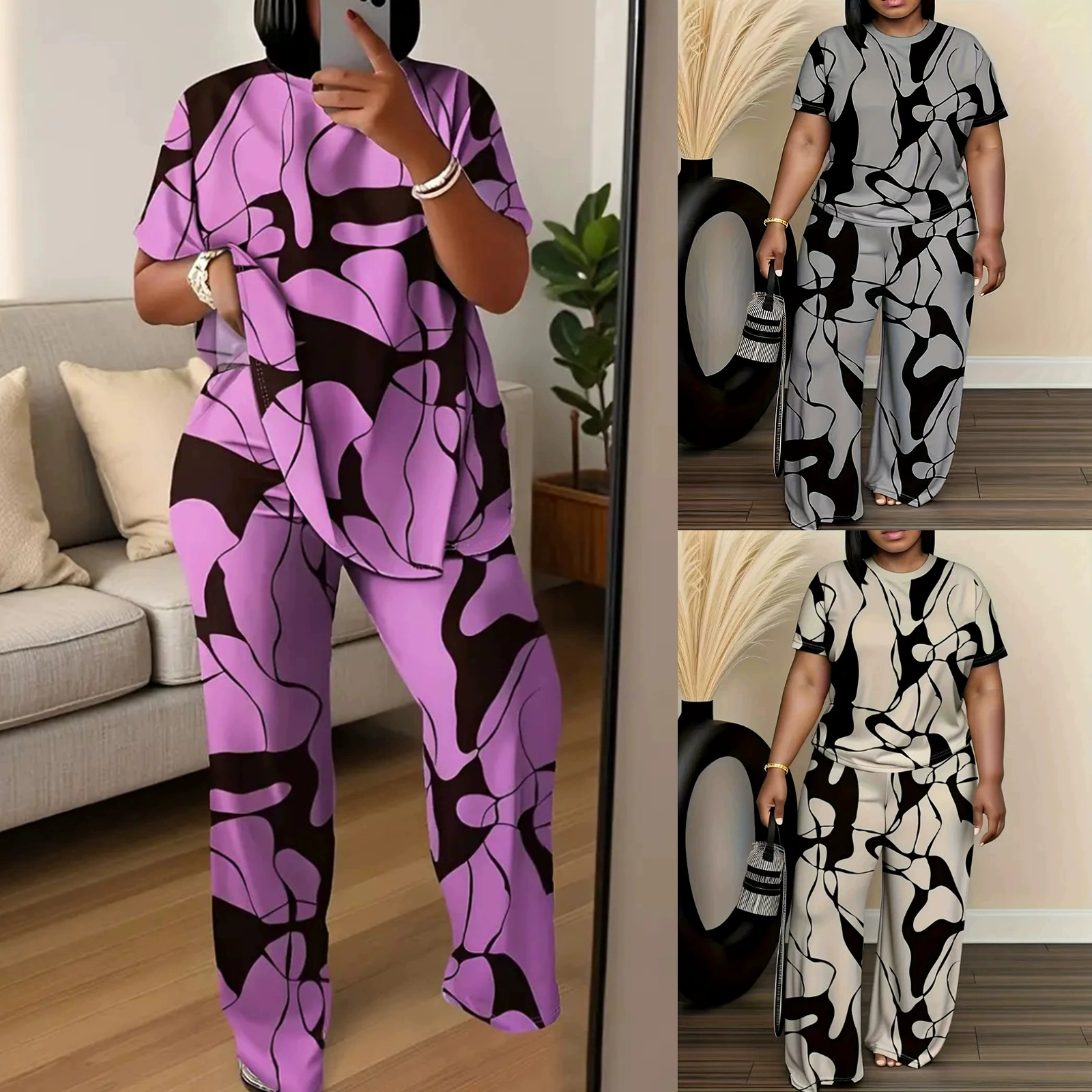 2025 Весна и лето Специальная трансграничная поставка Внешняя торговля Точечная женская одежда больших размеров Европейская и американская мода Черно-серый костюм с принтом Производитель Оптовая продажа