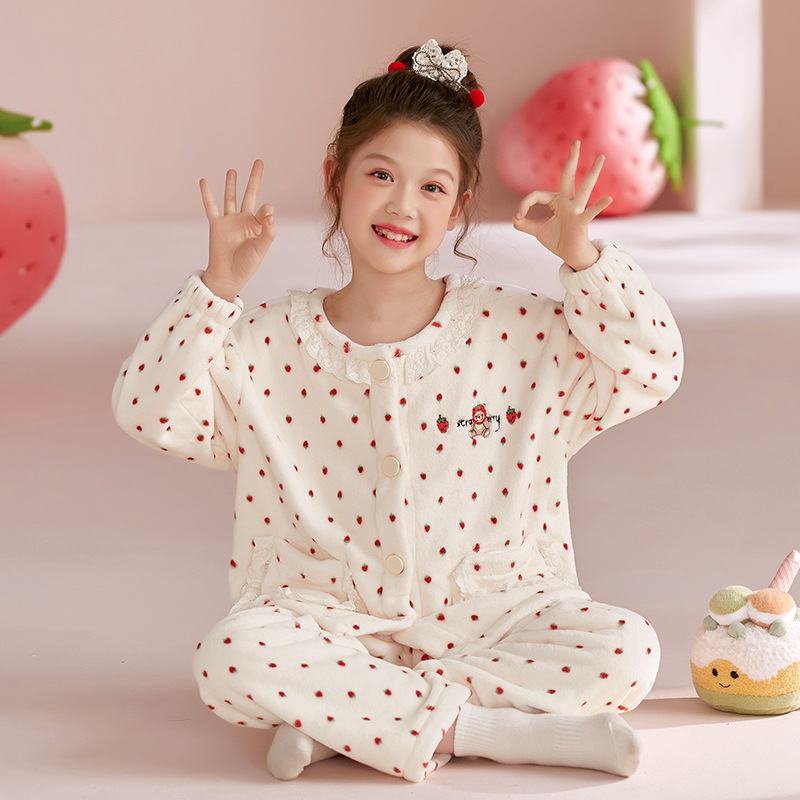 Flannel Pajamas Set for Children, Autumn and Winter Coral Fleece Homewear for Older Girls, Fleece-Lined and Thickened Pajamas for Girls