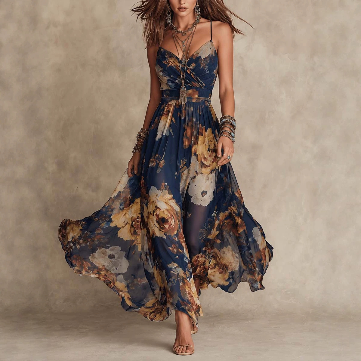2026 Navy Blue Oil Painting Floral Pattern Fine Strap V-Neck Waist-Cinching Large Hem Flowing Chiffon Vacation Long Dress