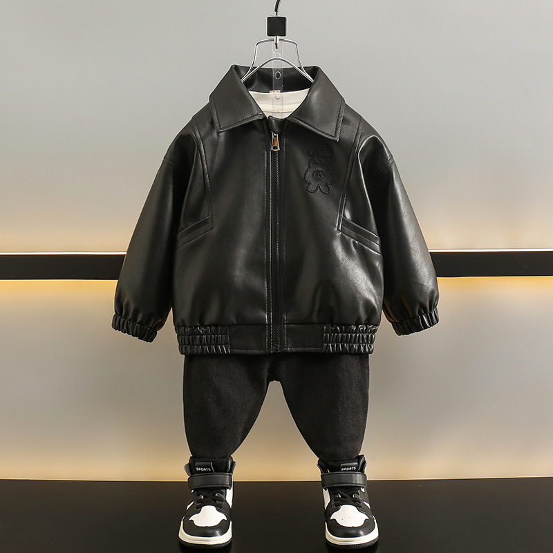 소년의 봄과 가을 PU 가죽 코트 2024 새로운  가을 옷 이피 잘 생긴 어린이 거리 재킷 탑